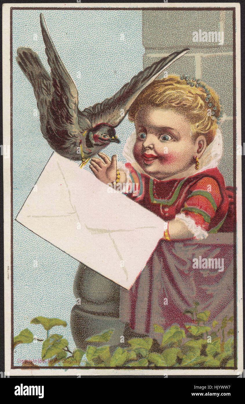 Girl getting a blank envelope tied to a bird. Stock Photo