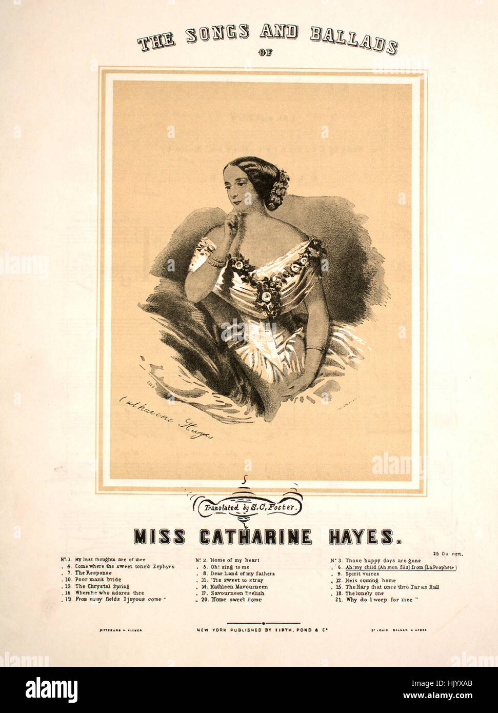 Sheet music cover image of the song '[Foster-Hall Reproductions] The Songs and Ballads of Miss Catharine Hayes No6 Ah! My child (Ah mon fils), from 'La Prophete'', with original authorship notes reading 'Translated by S[tephen] C[ollins] Foster Music by Meyerbeer', United States, 1900. The publisher is listed as 'Firth, Pond and Co.', the form of composition is 'strophic with chorus', the instrumentation is 'piano and voice', the first line reads 'Ah! my child! Ah! my child! For thy poor mother Didst thous then smother all thy sweet dreams', and the illustration artist is listed as 'Quidor E Stock Photo