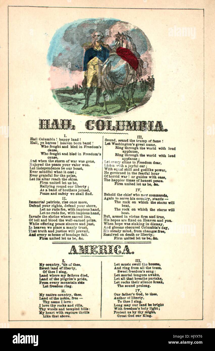 Sheet music cover image of the song 'Song Sheet  (1) Hail Columbia; (2) America', with original authorship notes reading 'na', 1900. The publisher is listed as '', the form of composition is 'strophic with chorus; strophic', the instrumentation is 'na First line (1) Hail Columbia! happy land! First line of chorus (1) Firm united let us be, Rallying round our liberty First line (2) My country, 'tis of thee, sweet land of liberty', the first line reads 'None', and the illustration artist is listed as 'None'. Stock Photo