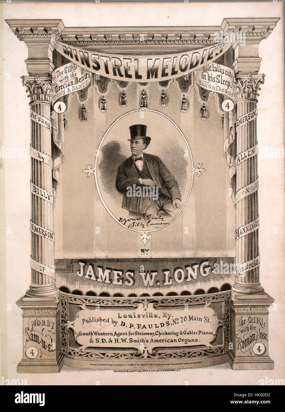 Sheet music cover image of the song 'The Girl With the Grecian Bend Minstrel Melodies', with original authorship notes reading 'Words and Music By James W Long', 1869. The publisher is listed as 'D.P. Faulds, No. 70 Main St.', the form of composition is 'strophic', the instrumentation is 'piano and voice', the first line reads 'She's lovely and beautiful and handsome to behold', and the illustration artist is listed as 'The Major and Knapp Eng. Mfg. and Lith. Co. 71 Broadway N.Y.'. Stock Photo