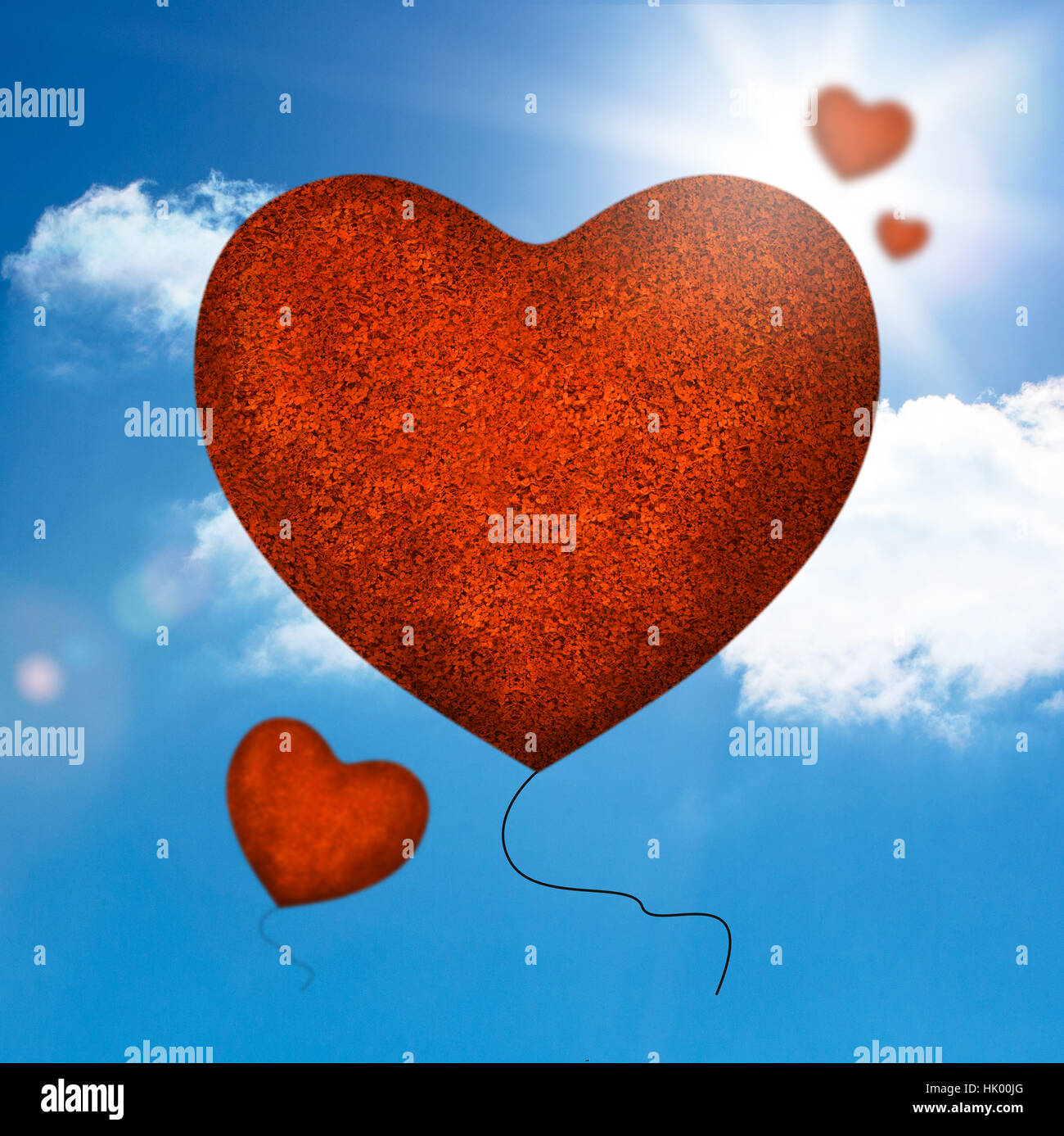 Red balloons heart shape flying away in the blue sky Stock Photo - Alamy