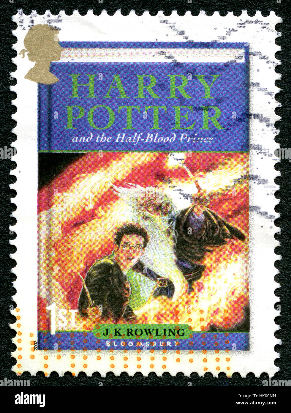GREAT BRITAIN - CIRCA 2007: A used postage stamp from the UK, depicting an illustration of the front cover of the book Harry Potter and the Half-Blood Stock Photo