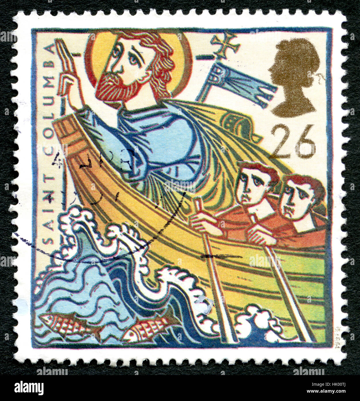 GREAT BRITAIN - CIRCA 1997: A used postage stamp from the UK, celebrating the life of Saint Columba - an Irish Abbot and Missionary credited with spre Stock Photo