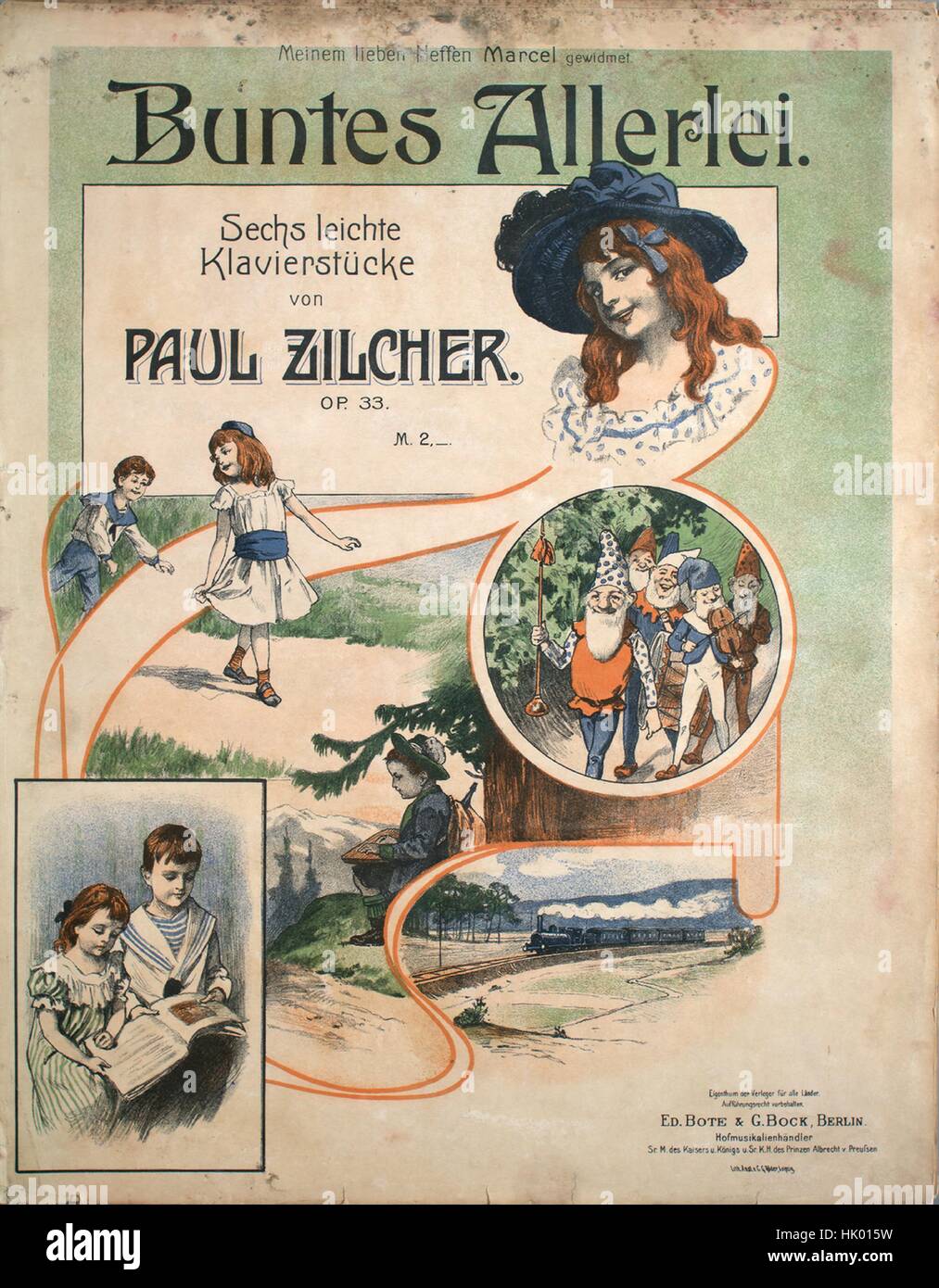 Sheet music cover image of the song 'Buntes Allerlei Sechs leichte Klavierstucke (1) Wildfang; (2) Landler; (3) 'Fang' Mich;' (4) Gnomenmarsch; (5) 'Es war einmal;' (6) Auf der Eisenbahn', with original authorship notes reading 'Von Paul Zilcher, Op 33', 1904. The publisher is listed as 'E. Bote and G. Bock, Hofmusikalienhandler', the form of composition is 'six sectional pieces', the instrumentation is 'piano', the first line reads 'None', and the illustration artist is listed as 'Lith. Anst. v. C.G. Roder, Leipsig; Stich und Druck von C.G. Roder, Leipzig.'. Stock Photo