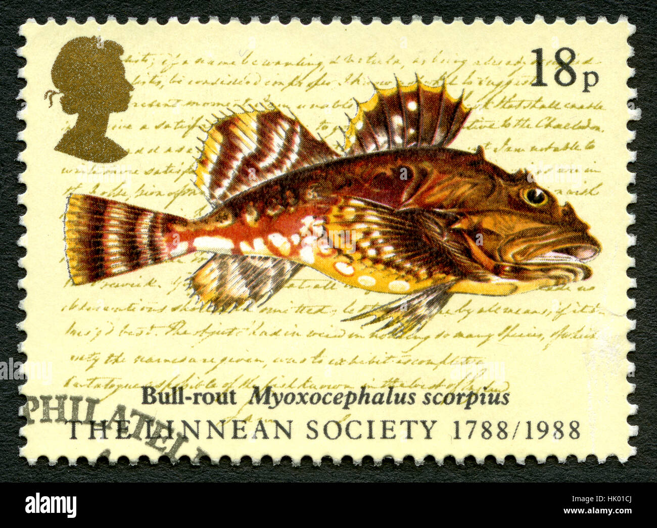 GREAT BRITAIN - CIRCA 1988: A used postage stamp from the UK, depicting an illustration of a Bull-rout fish, circa 1988. Stock Photo