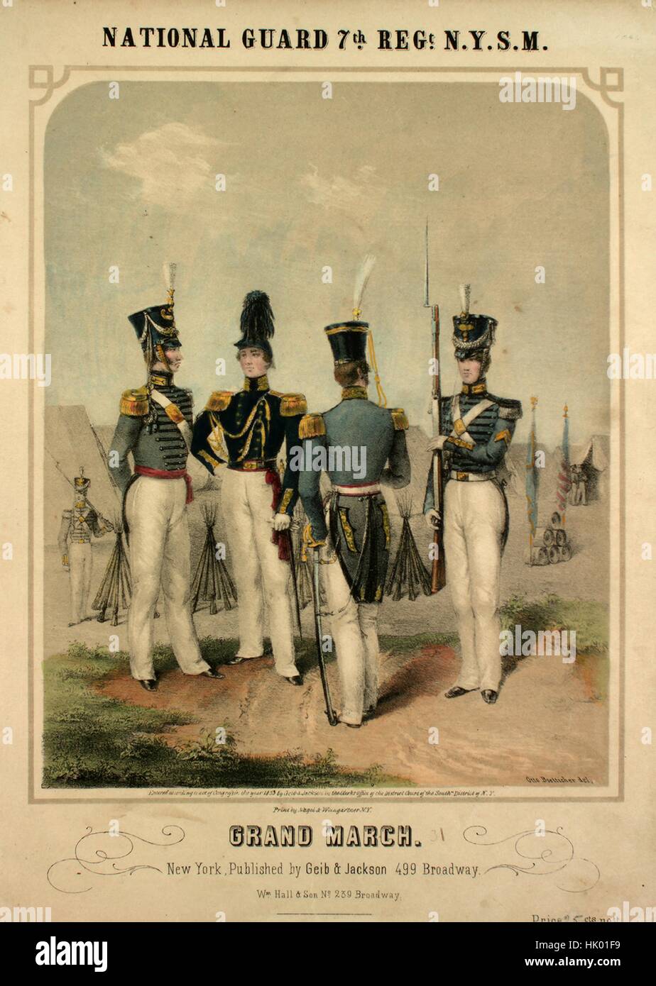 Sheet music cover image of the song 'Seventh Regiment Grand March', with original authorship notes reading 'Composed by Fredk W Hautsch', United States, 1853. The publisher is listed as 'Geib and Jackson, 499 Broadway', the form of composition is 'da capo', the instrumentation is 'piano', the first line reads 'None', and the illustration artist is listed as 'Otto Boetticher del.; Print by Nagel and Weingartner N.Y. [National Guard 7th Regt. N.Y.S.M.]; G.W. Ackerman Eng. and Pr.'. Stock Photo