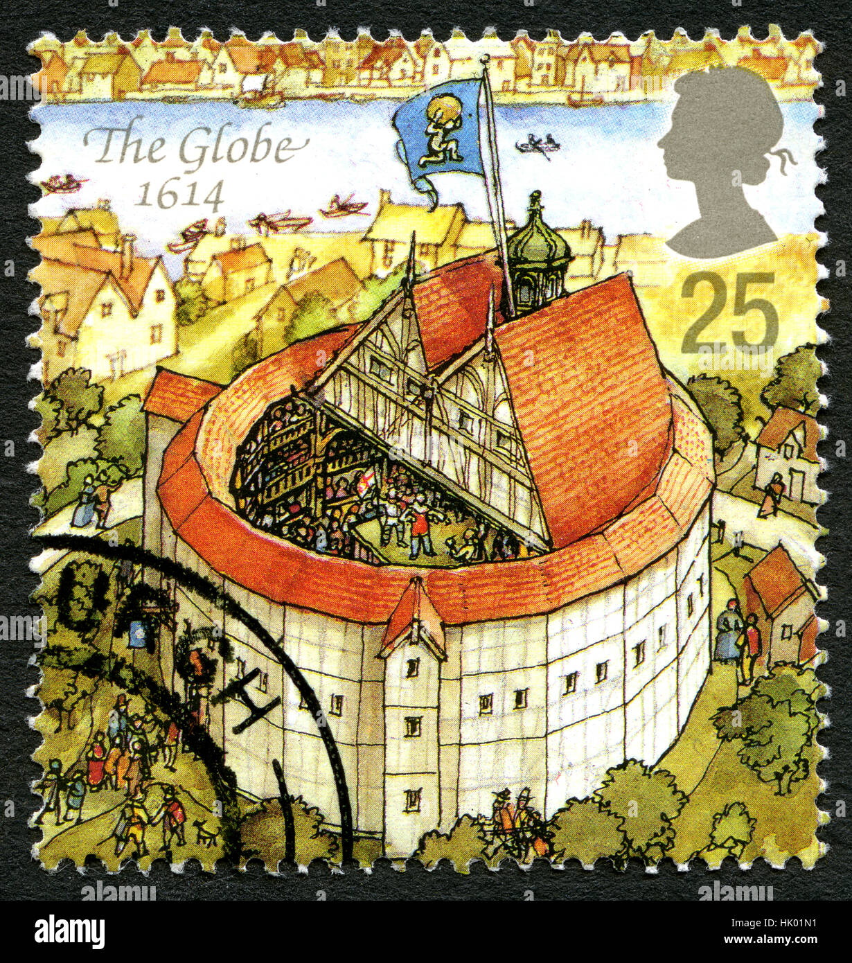 GREAT BRITAIN - CIRCA 1995: A used postage stamp from the UK, depicting an illustration of The Globe theatre in London in 1614, circa 1995. Stock Photo