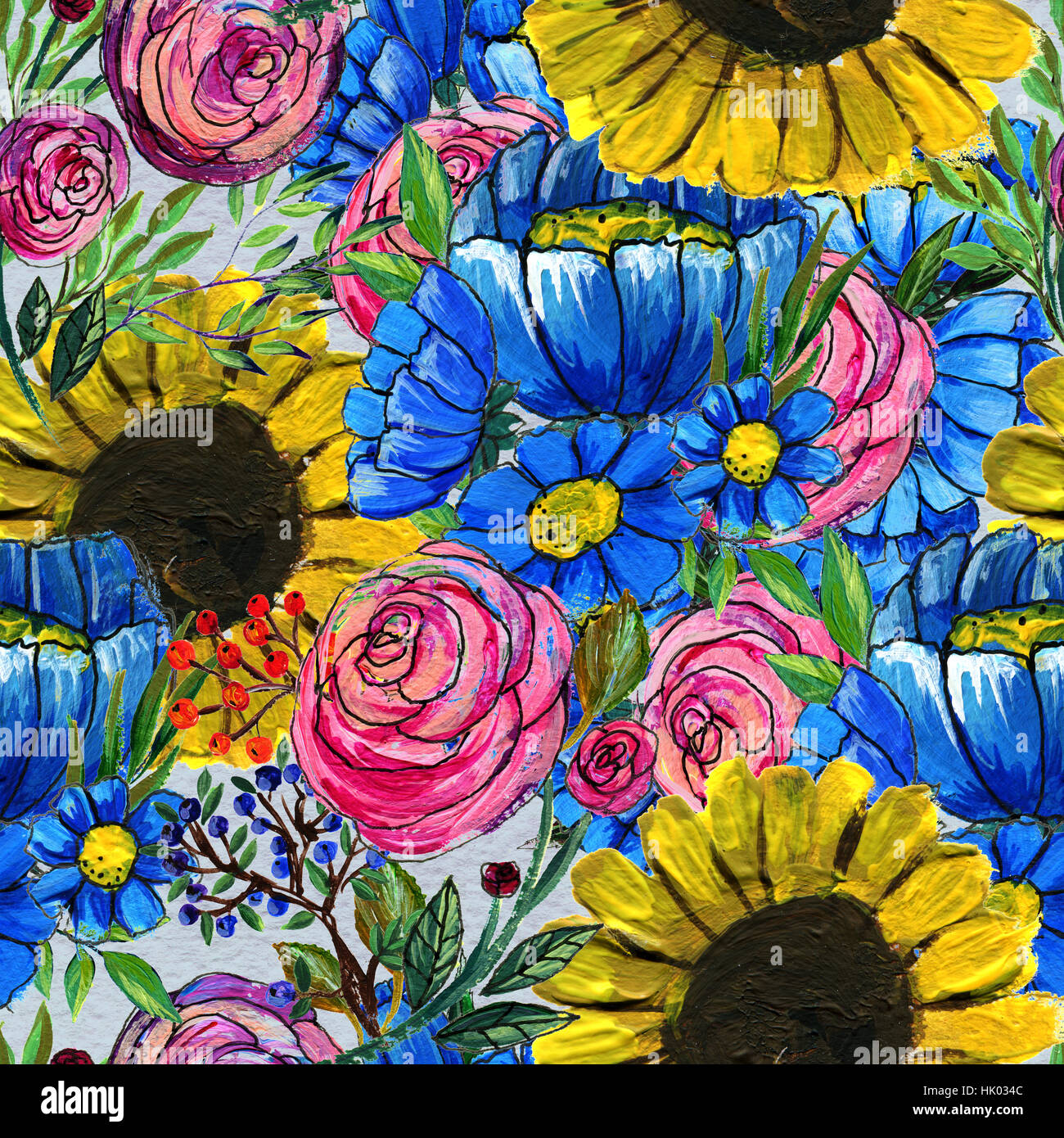 Seamless pattern with blue yellow and pink flowers Stock Photo - Alamy