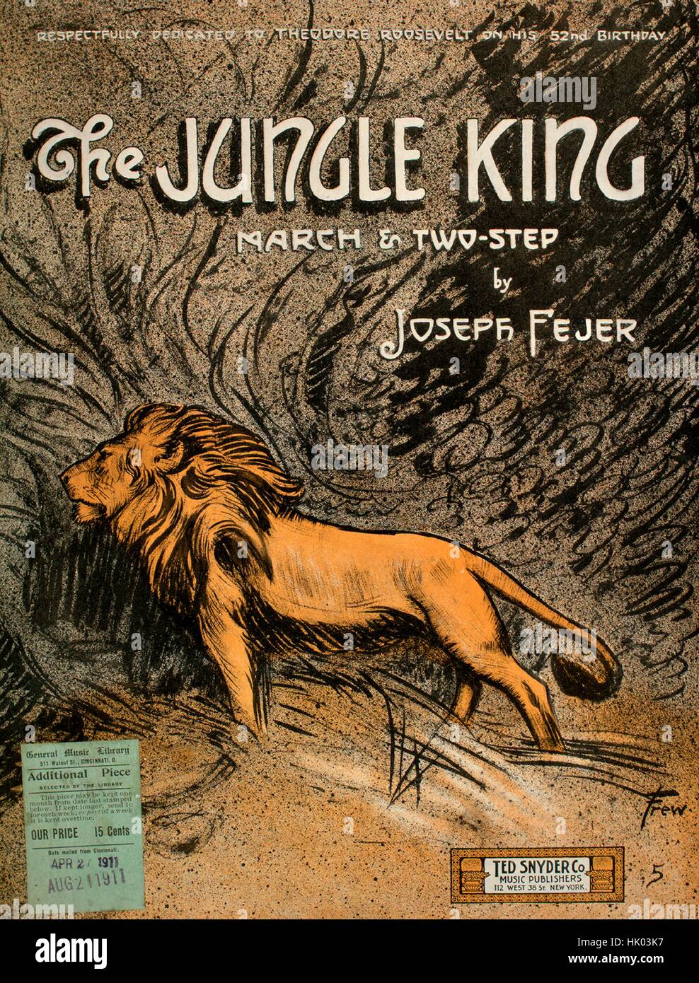 Sheet music cover image of the song 'The Jungle King March and Two Step', with original authorship notes reading 'By Joseph Fejer', 1911. The publisher is listed as '', the form of composition is 'sectional', the instrumentation is 'piano', the first line reads 'None', and the illustration artist is listed as 'Frew'. Stock Photo
