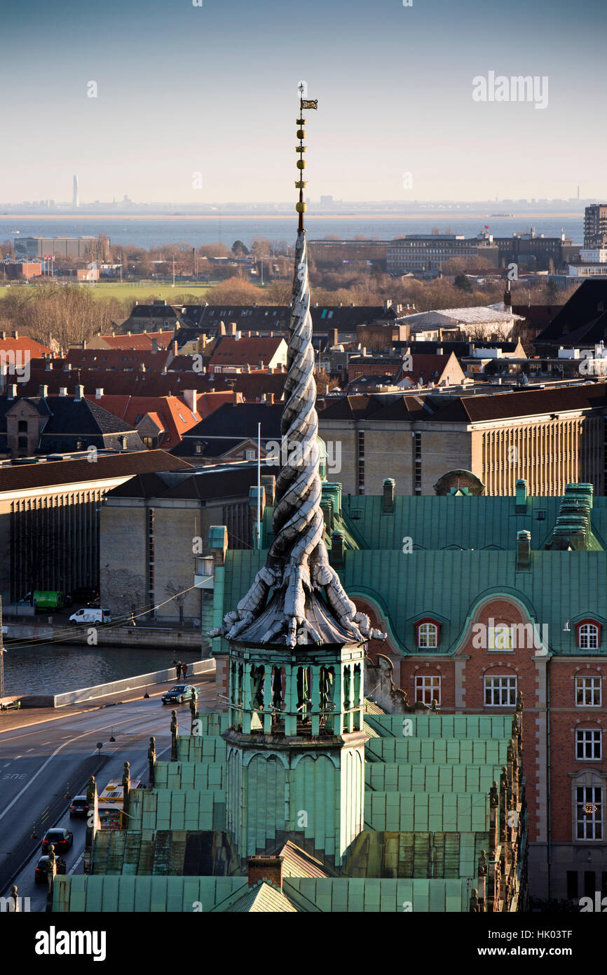 Denmark, Copenhagen, Slotholmsgade, twisted dragon spire of Borsen, the former stock exchange Stock Photo