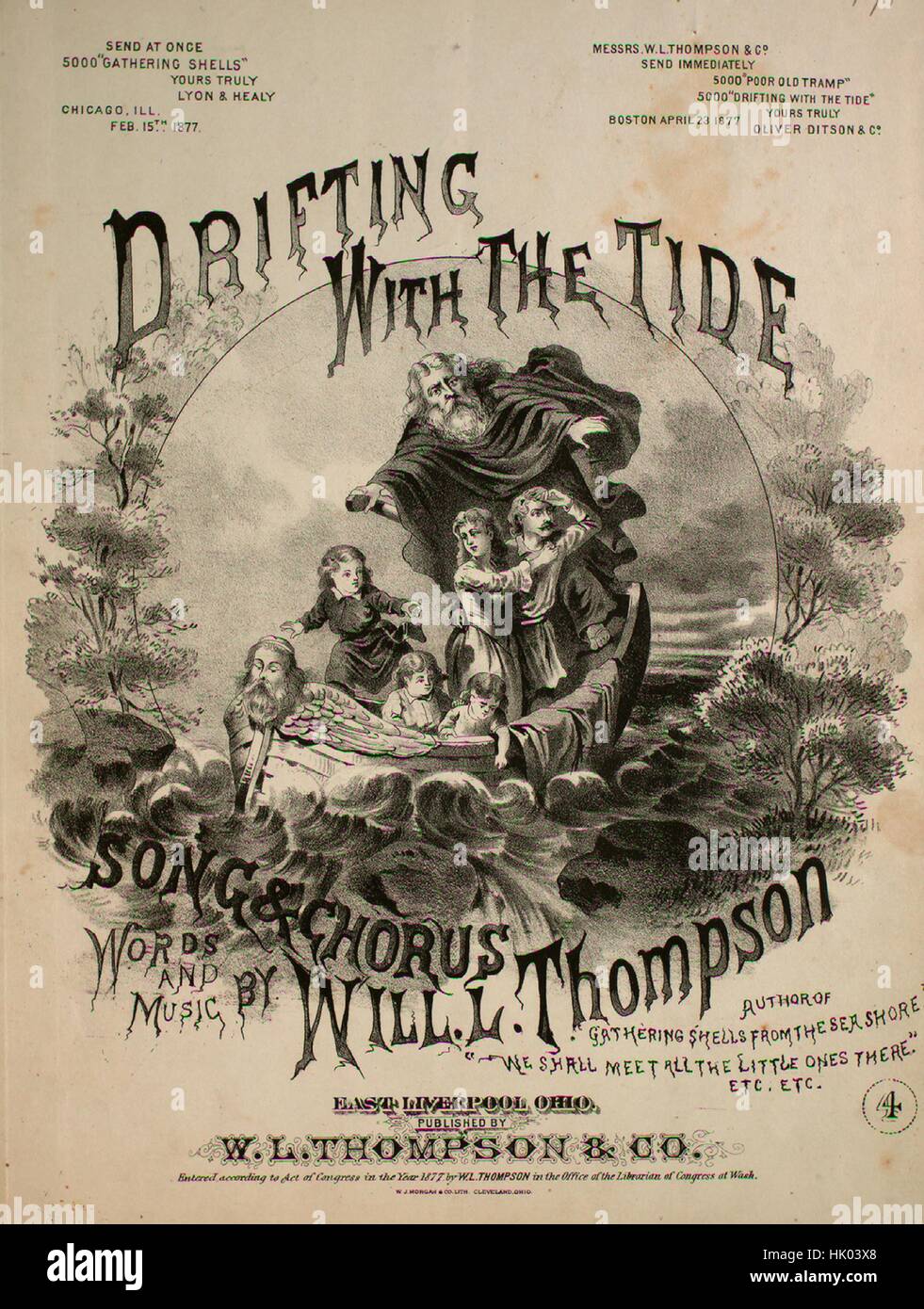 Sheet music cover image of the song 'Drifting with the Tide Song and  Chorus', with original authorship notes reading 'Words and Music by Will L  Thompson', 1877. The publisher is listed as '