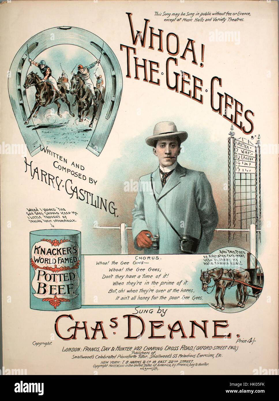 Sheet music cover image of the song 'Whoa! The Gee Gees [includes solfeggio version on inside back cover]', with original authorship notes reading 'Written and Composed by Harry Casling', United Kingdom, 1900. The publisher is listed as 'Francis, Day and Hunter, 147 Charing Cross Road (Oxford Street End)', the form of composition is 'strophic with chorus', the instrumentation is 'piano and voice', the first line reads 'Now when you're on a racecourse And the Gee Gees all come out', and the illustration artist is listed as 'H.G. Banks. Lith.; Henderson and Spalding, Printers, London, W.'. Stock Photo