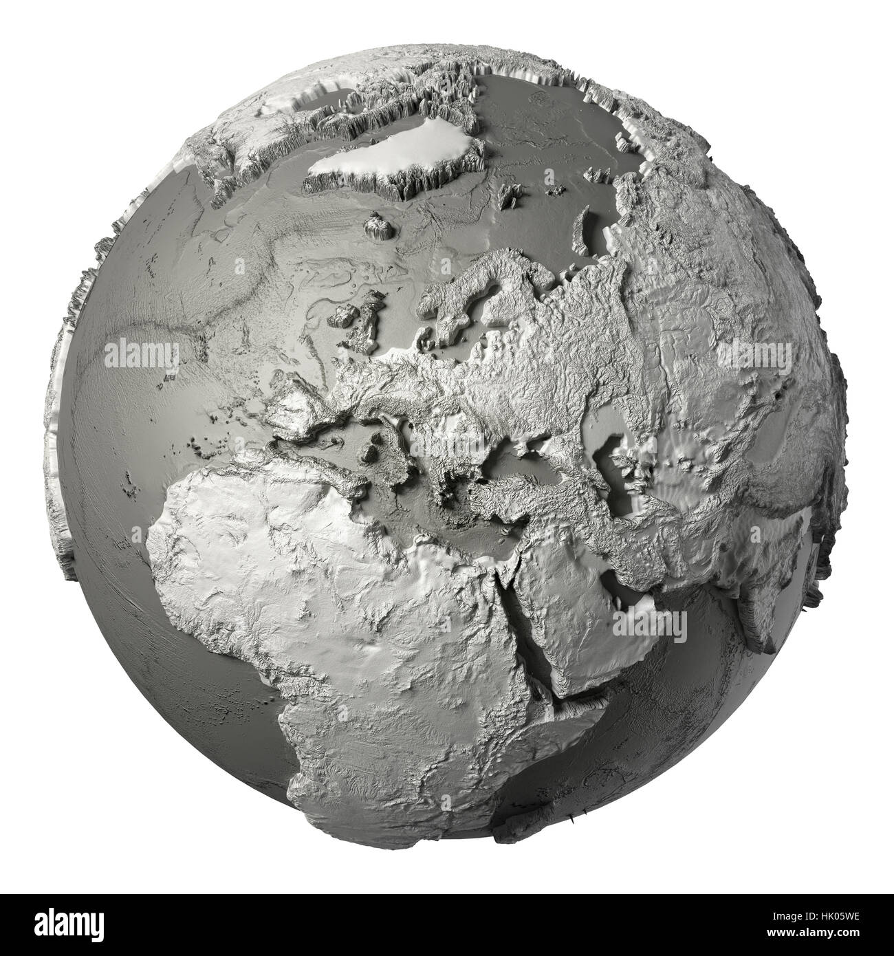 Globe model with detailed topography without water. Europe. 3d rendering isolated on white background. Elements of this image furnished by NASA Stock Photo