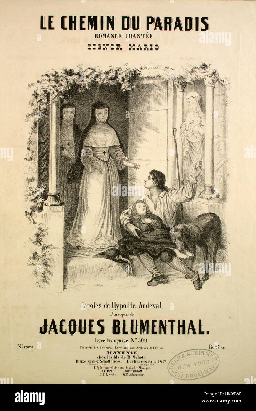 Sheet music cover image of the song 'Le Chemin Du Paradis Romance Chantee Signor Mario', with original authorship notes reading 'Paroles de Hypolite Audeval Musique de Jacques Blumenthal', 1900. The publisher is listed as 'chez les fils de B. Schott', the form of composition is 'all but first page of music is missing', the instrumentation is 'piano and voice (duet)', the first line reads '`A la porte d'un hopital une enfant demandait sa mere', and the illustration artist is listed as 'None'. Stock Photo