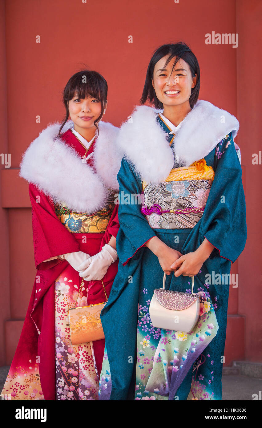 Women in furisode kimono, Seijin no hi day, celebration of the coming of age, second Monday of January, in Asakusa Senso-ji Temple, Tokyo, Japan Stock Photo
