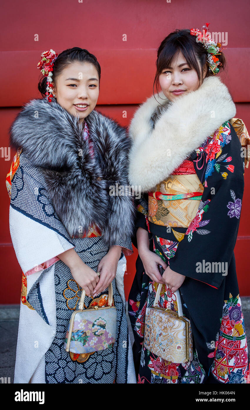 Women in furisode kimono, Seijin no hi day, celebration of the coming of age, second Monday of January, in Asakusa Senso-ji Temple, Tokyo, Japan Stock Photo