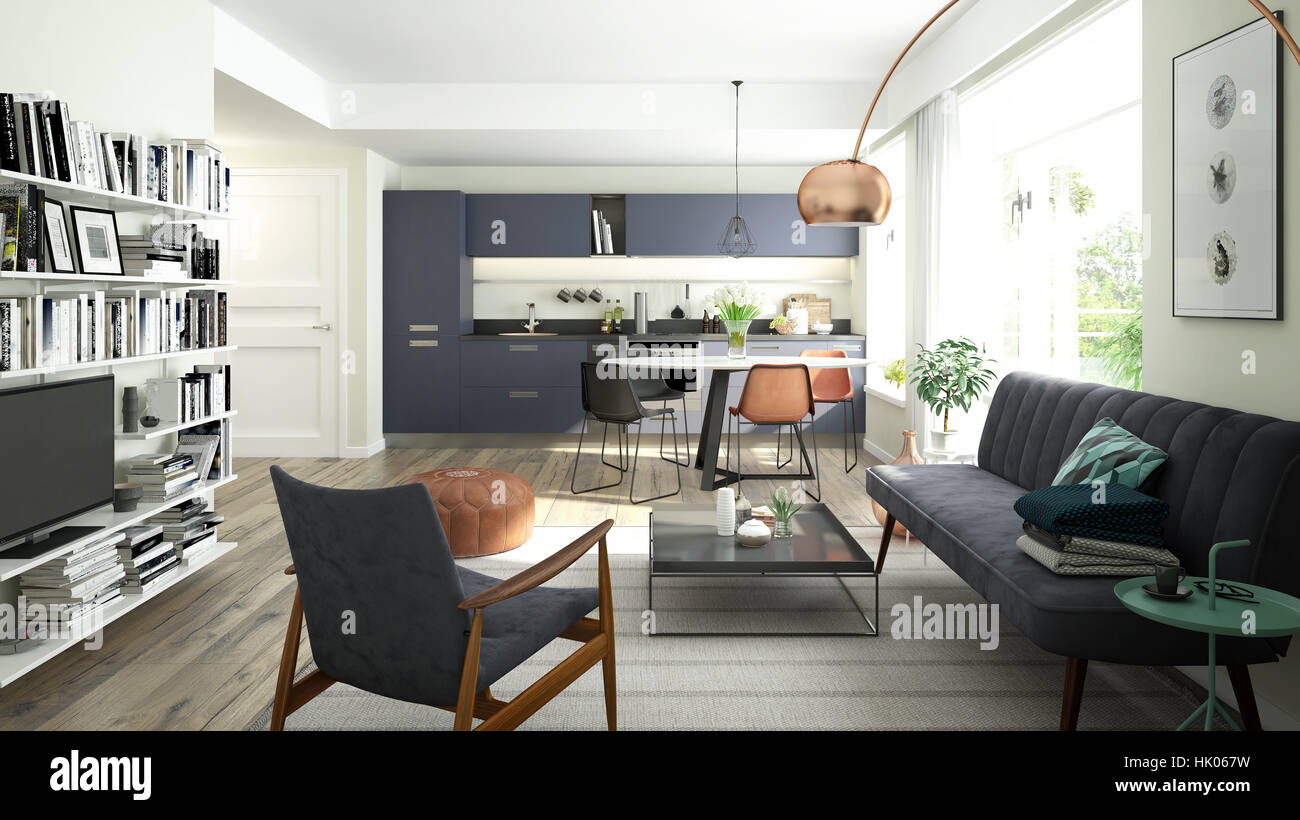 3D rendering of a modern living room and open kitchen with a trendy color scheme Stock Photo