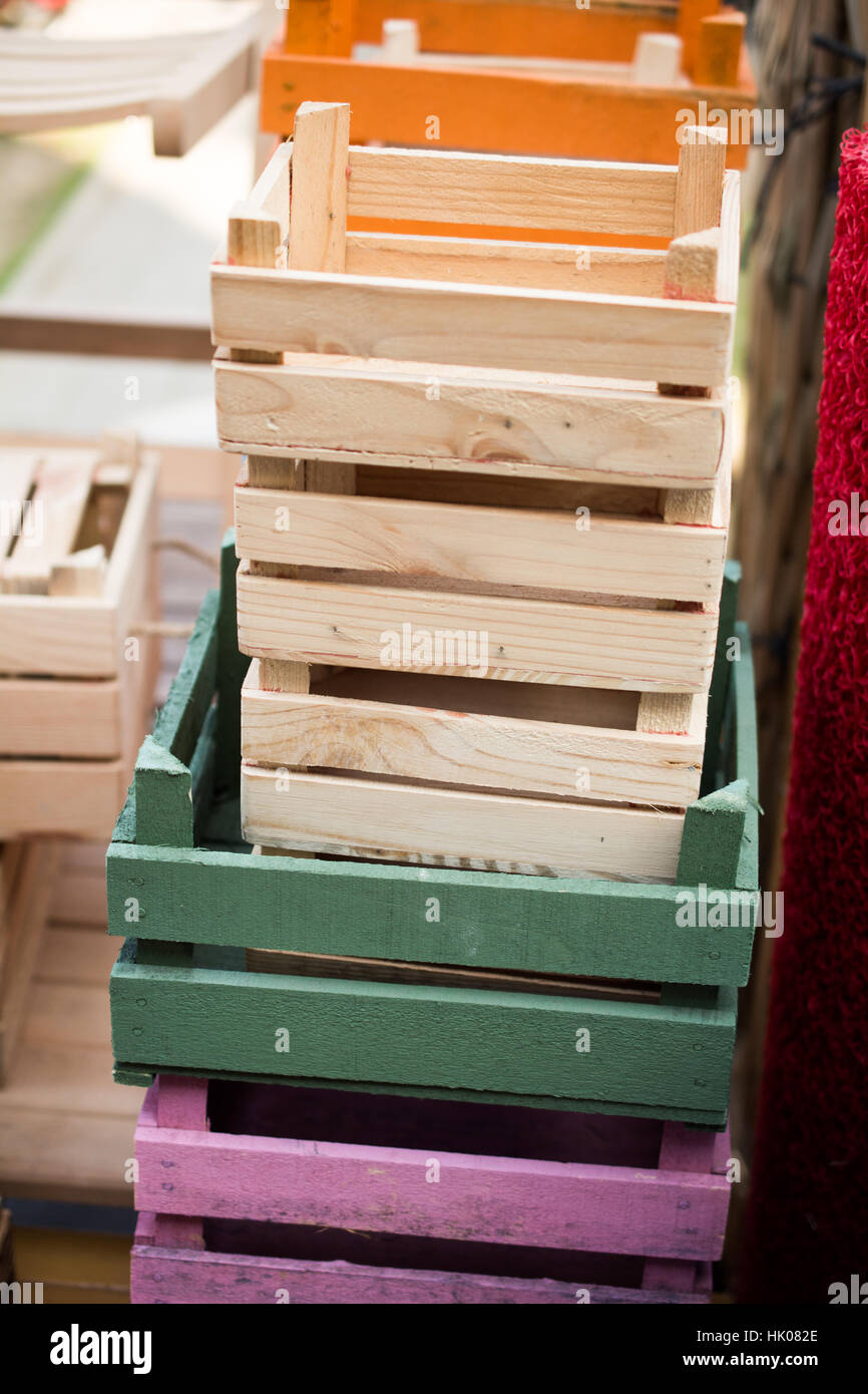 Colorful wooden empty crate boxes for sale in a market place Stock ...
