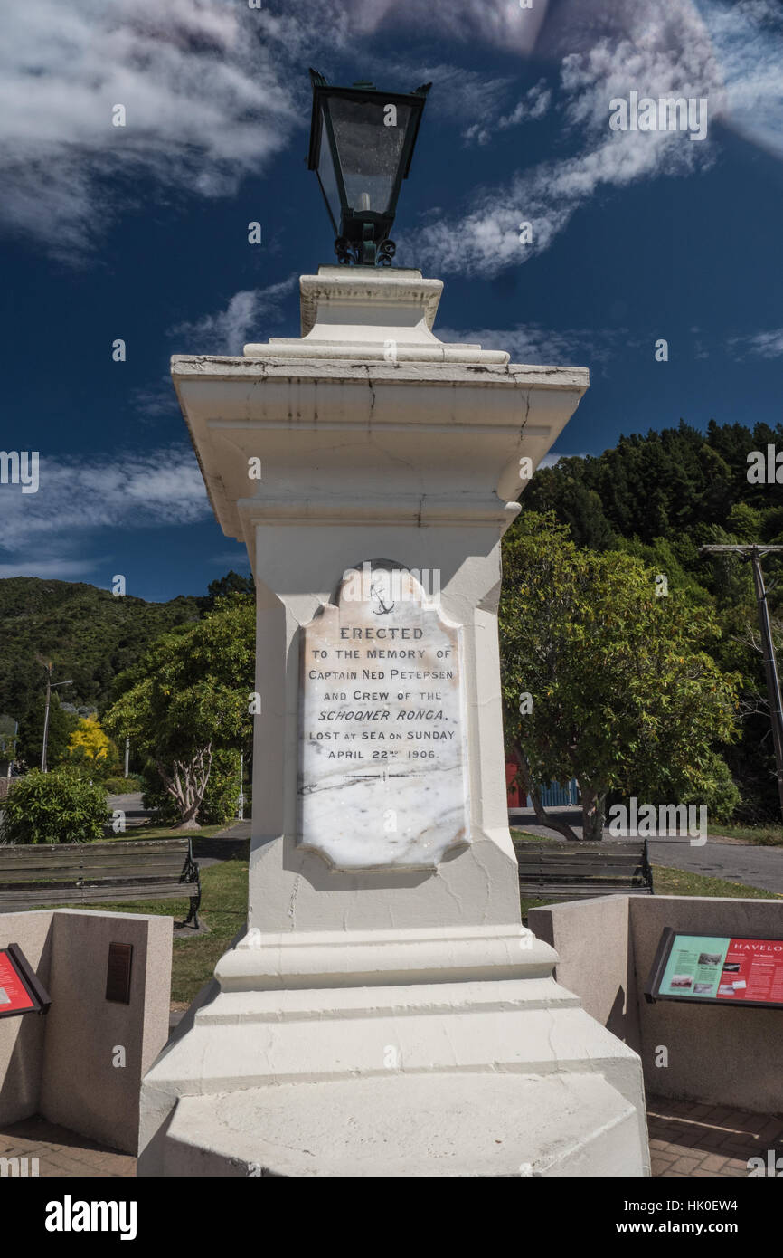 Memorial to Captain Ned Petersen Captain of the Schooner Ronga.  Havelock, South Island, New Zealand. Stock Photo