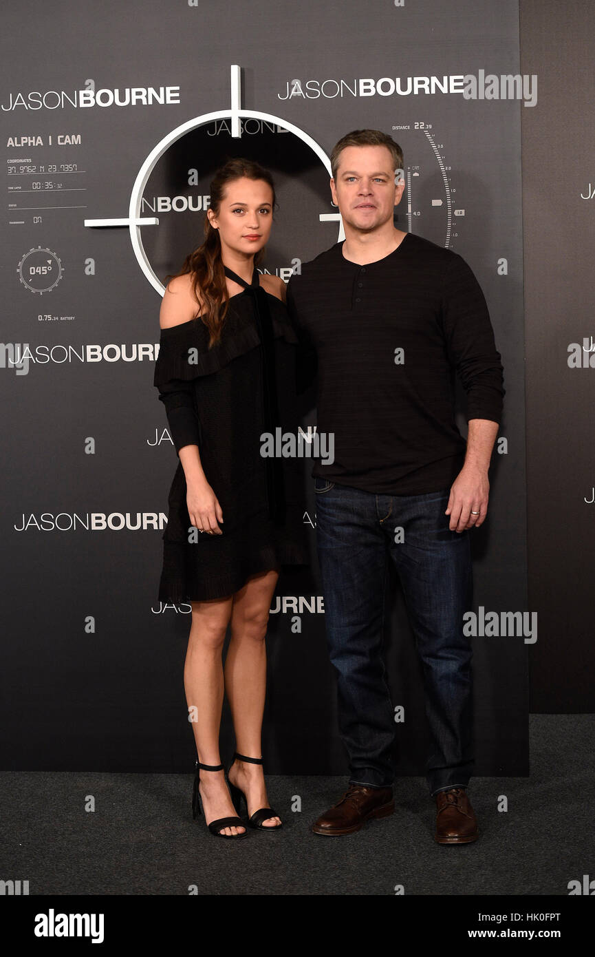 Actors Matt Damon and Alicia Vikander at photocall of 'Jason Bourne' in Madrid, on wednesday 13rd July, 2016. Stock Photo