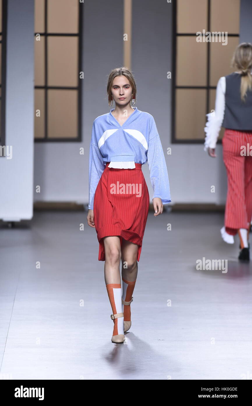 A model wears at collection runway a creation from Habey during Samsung ...