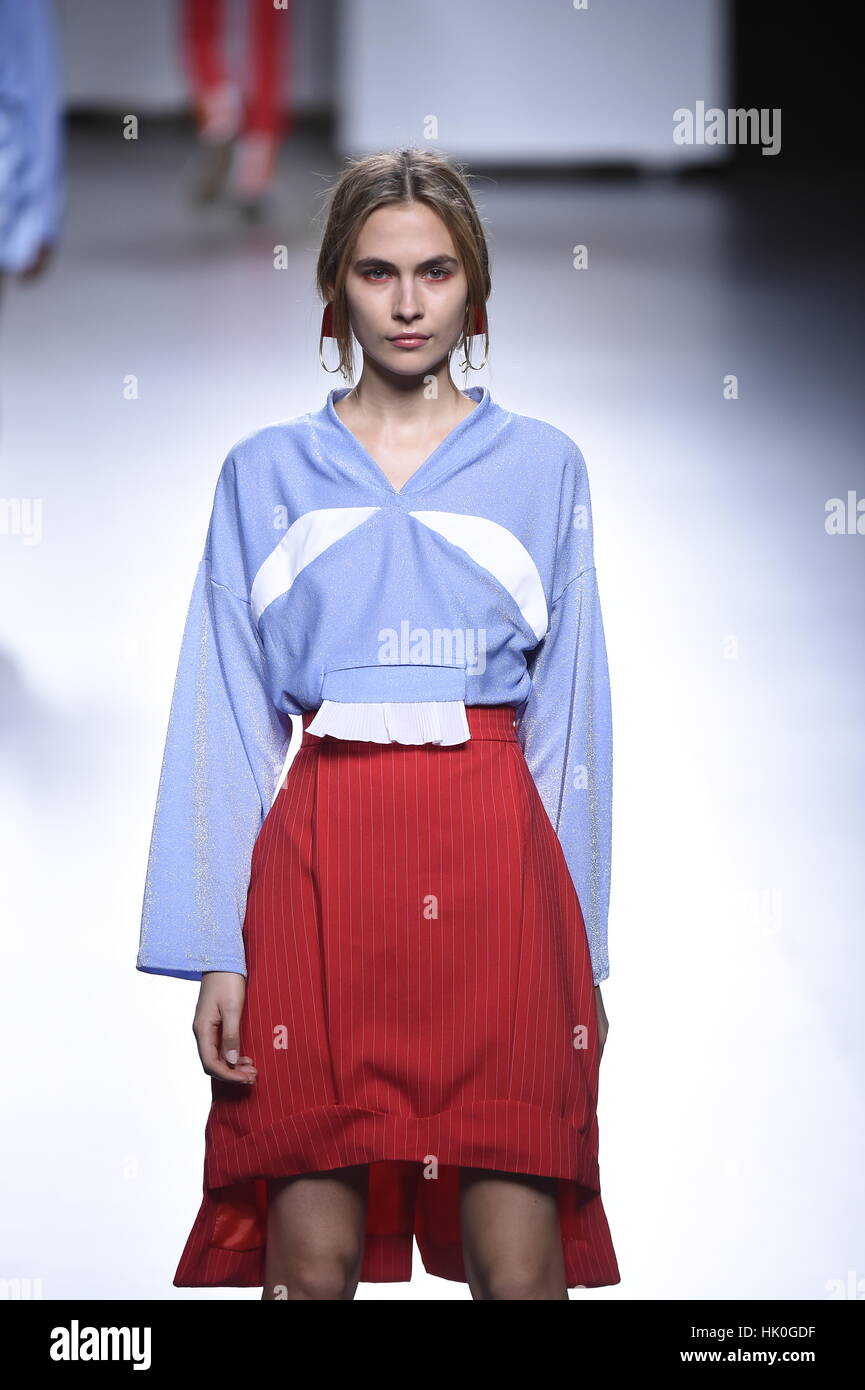 A model wears at collection runway a creation from Habey during Samsung ...