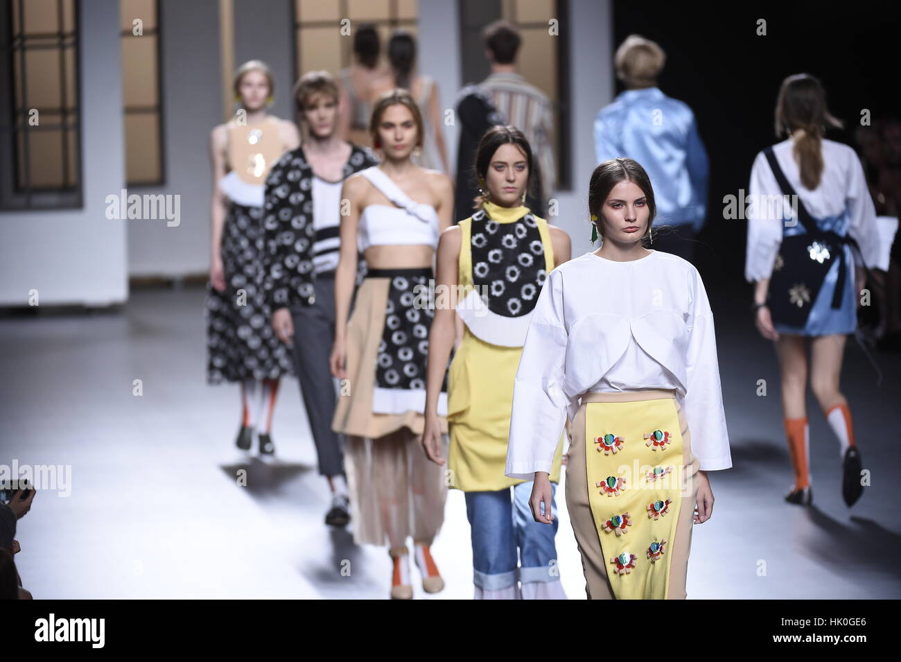 A model wears at collection runway a creation from Habey during Samsung ...