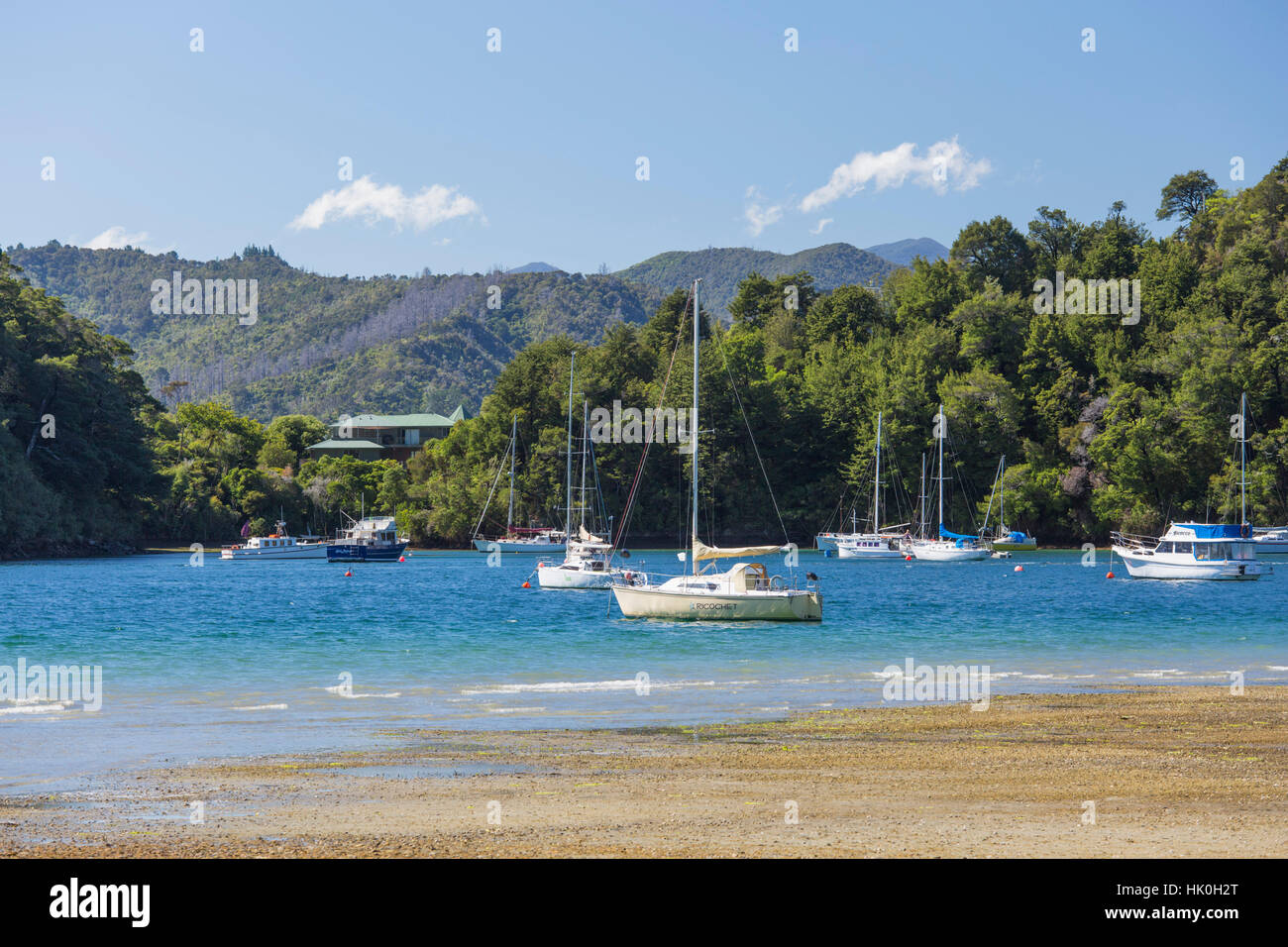 Yachts moored in the sheltered harbour, Ngakuta Bay, near Picton, Marlborough, South Island, New Zealand, Pacific Stock Photo
