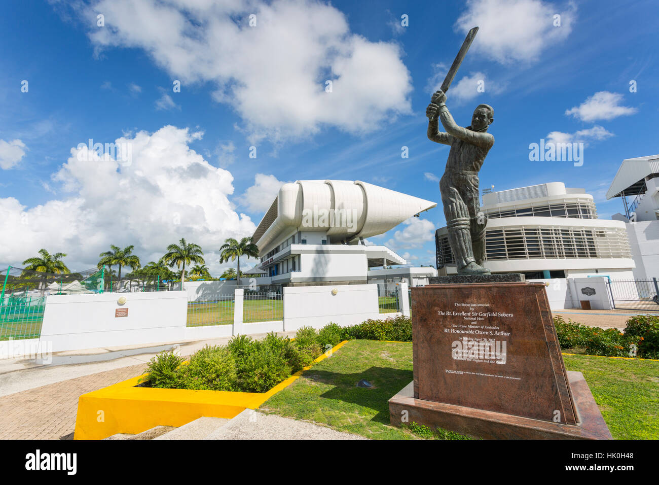 Garfield Sobers statue and The Kensington Oval Cricket Ground, Bridgetown, St. Michael, Barbados, West Indies, Caribbean Stock Photo