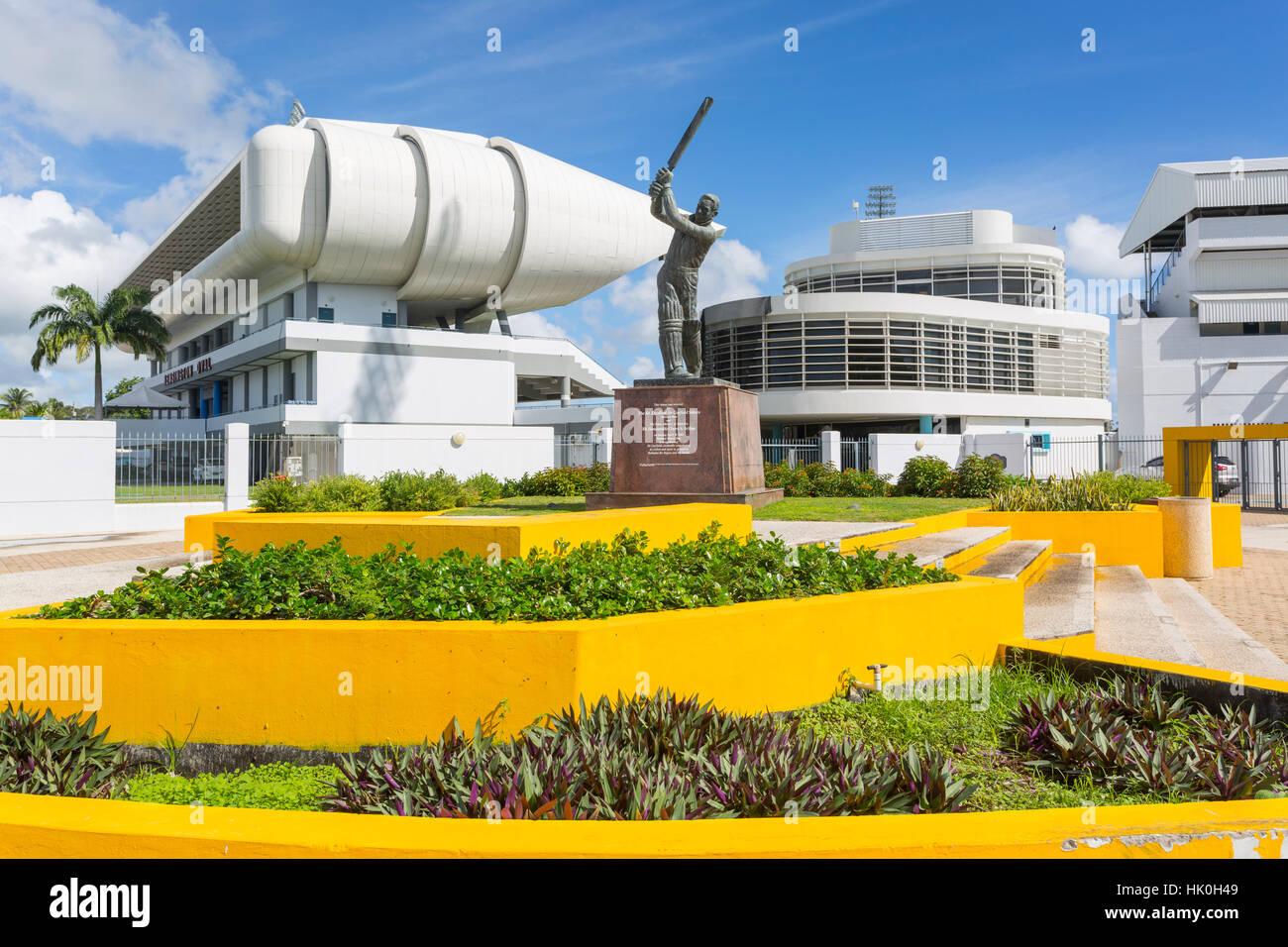 Garfield Sobers statue and The Kensington Oval Cricket Ground, Bridgetown, St. Michael, Barbados, West Indies, Caribbean Stock Photo