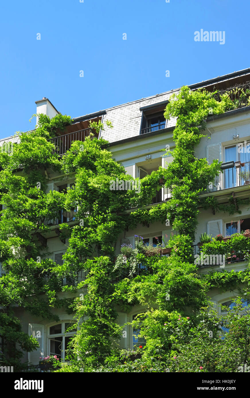 France, Paris. 5th arrondissement. Building covered in vegetation. Stock Photo