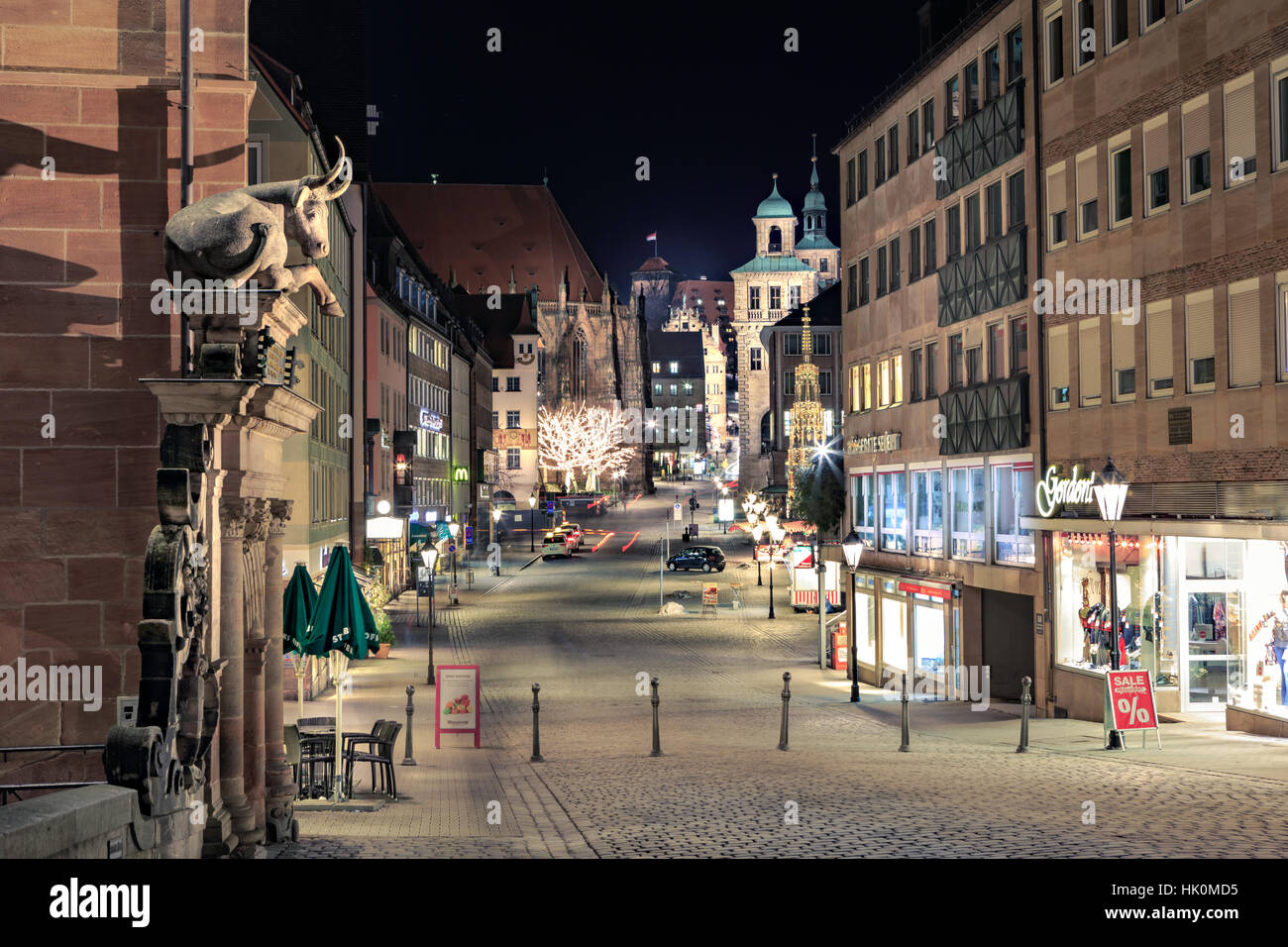 NUREMBERG, GERMANY - CIRCA OCTOBER, 2016: The streets of Nuremberg town by night, Germany Stock Photo