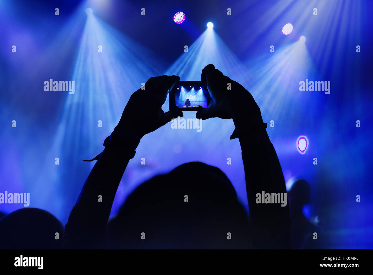 Person capturing a photo on a camera at a music festival. Stock Photo
