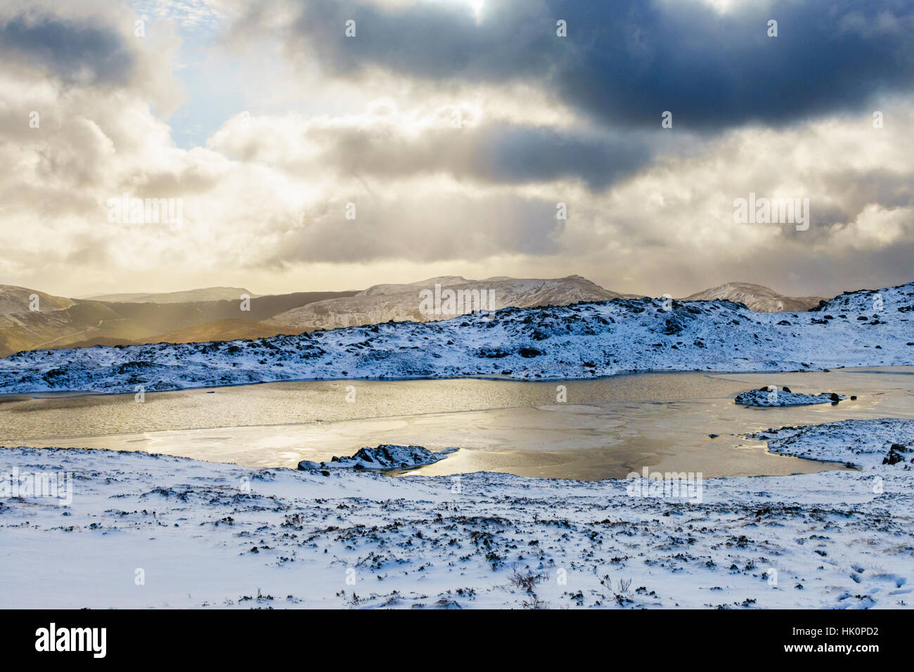 Winter snow scene by Llyn y Foel lake on slopes of Moel Siabod in Snowdonia National Park. Capel Curig, Conwy, Wales, UK, Britain Stock Photo