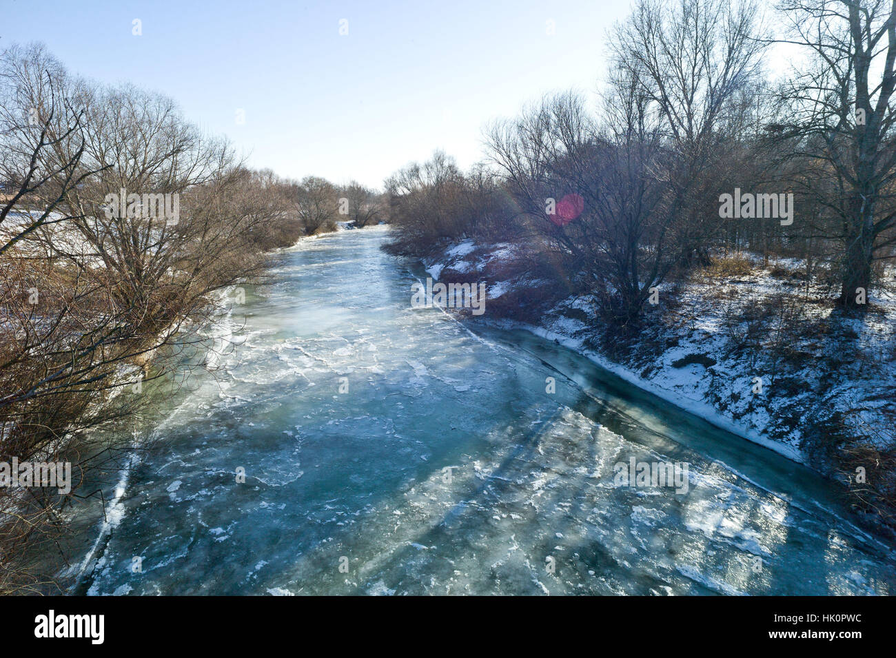 The frozen river Nitra in Nove Zamky Slovakia with temperatures at minus 12 Celsius. Jan 2017 Stock Photo