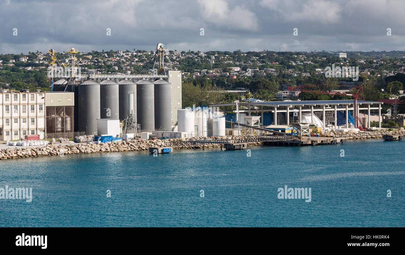 Grain Silos at Freight Port on Barbados Stock Photo