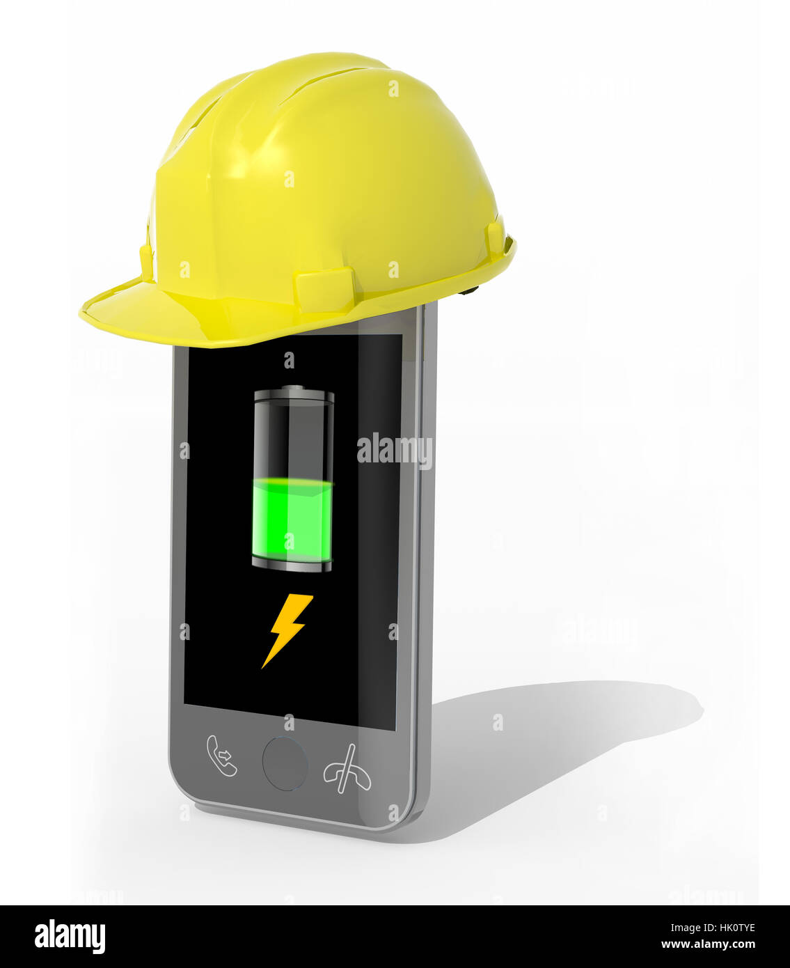 smartphone with elmet and battery power symbol on screen, 3d