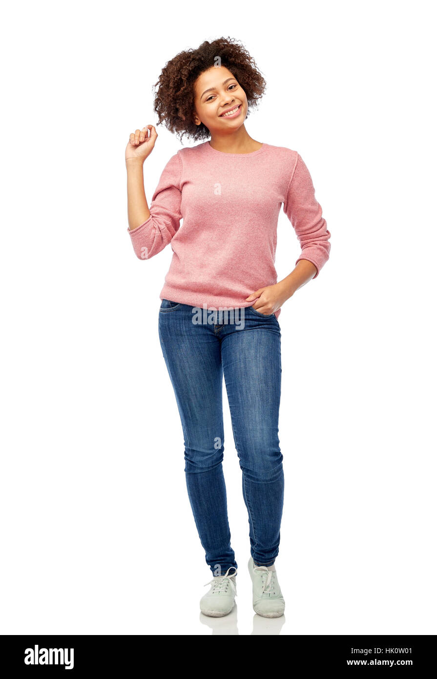 happy african american young woman over white Stock Photo - Alamy