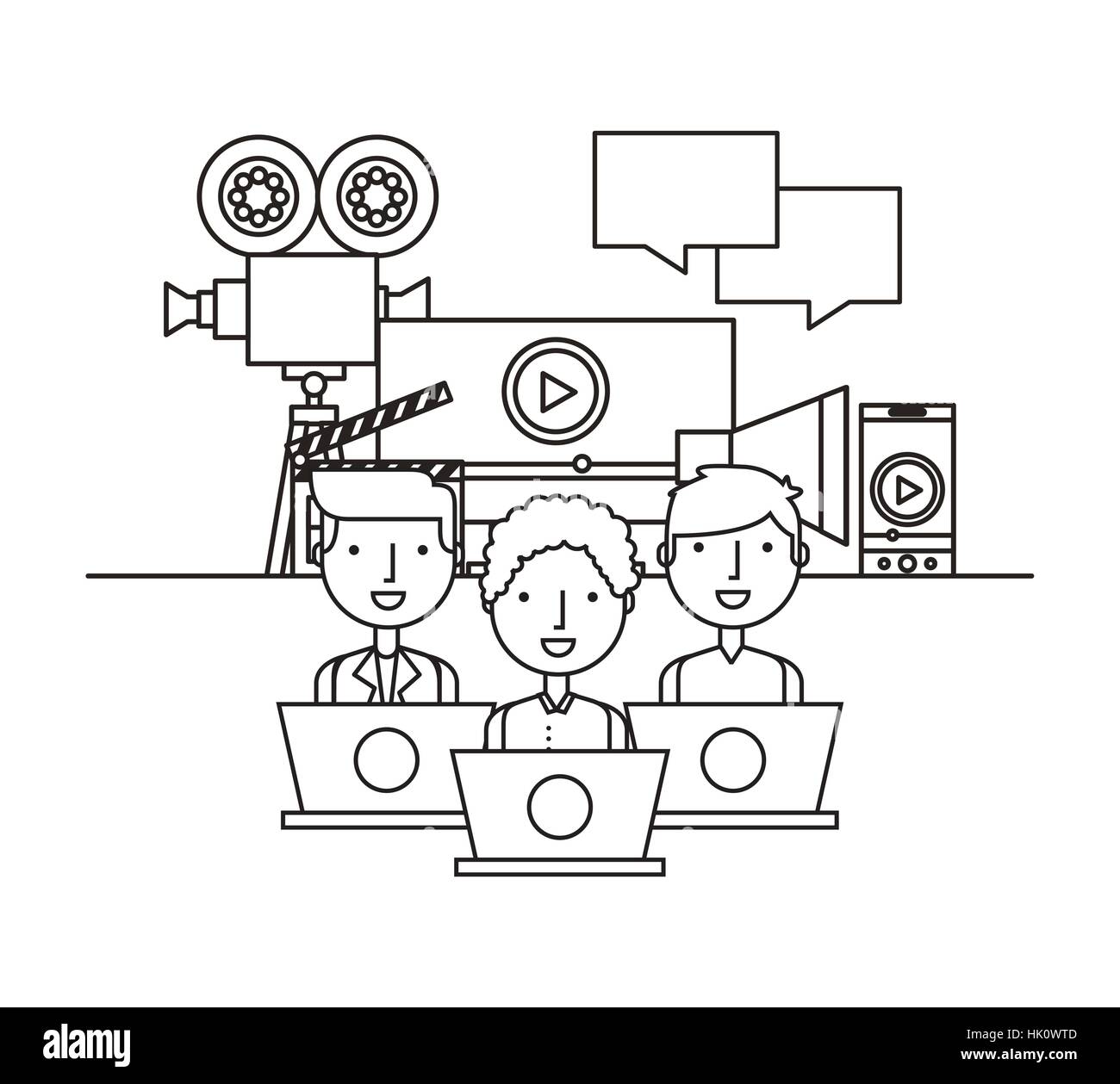 people with multimedia icons around over white background. vector ...