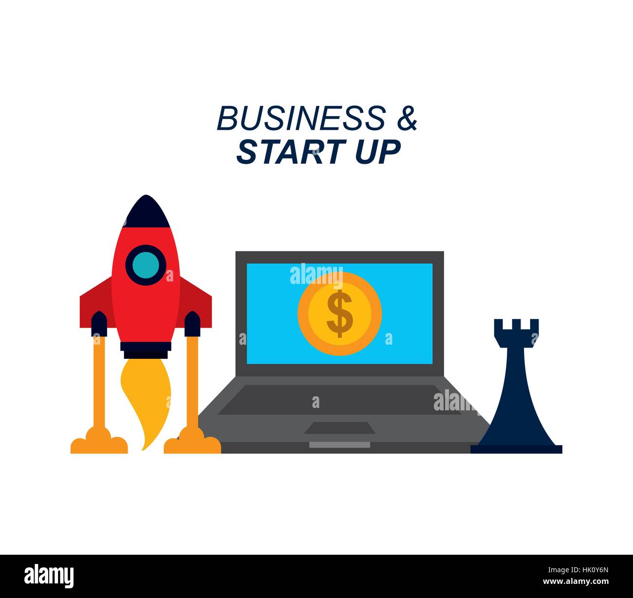 rocket, rook and laptop computer icon over white background. business ...