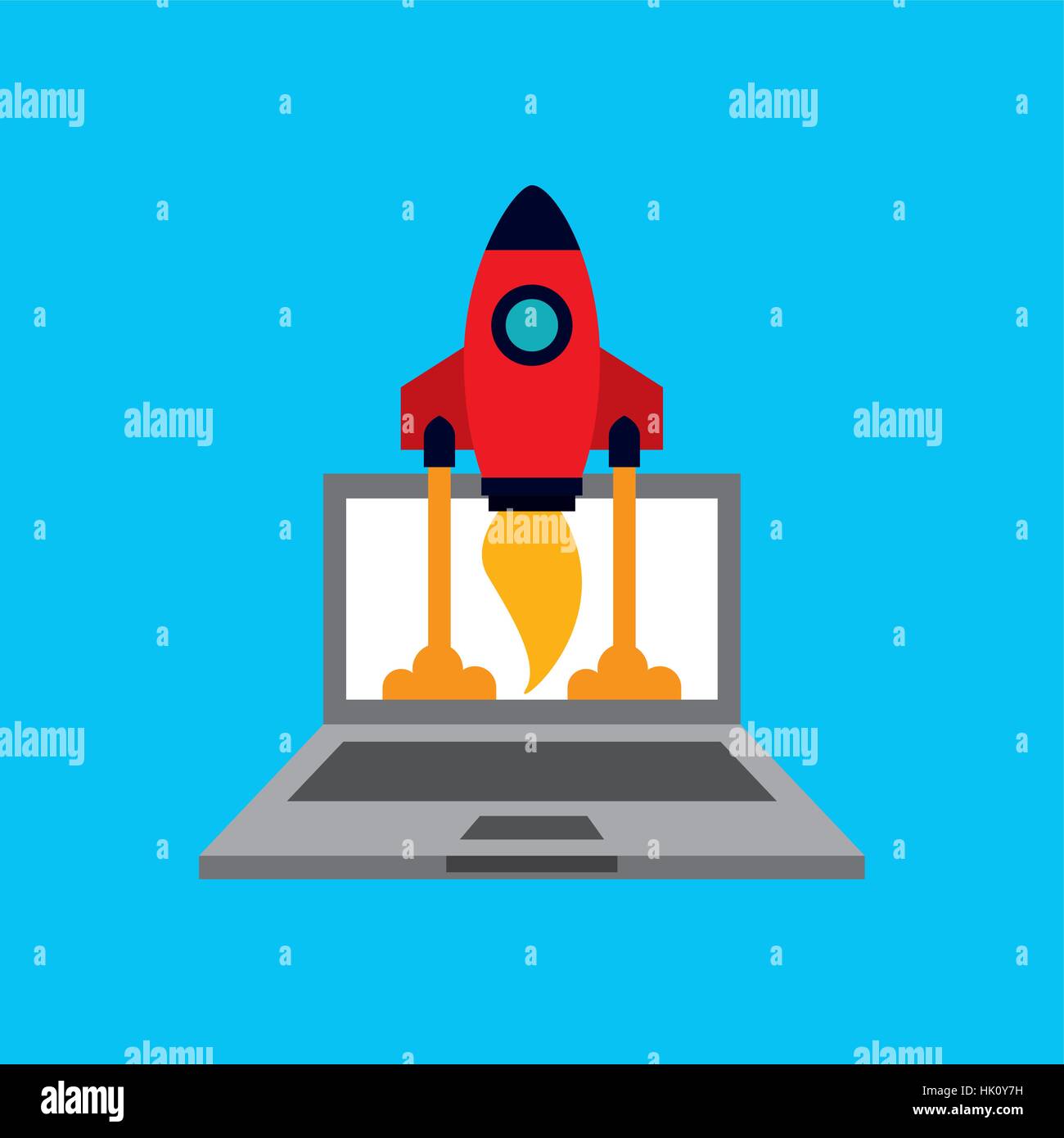 computer with rocket icon on screen over blue background. business and ...