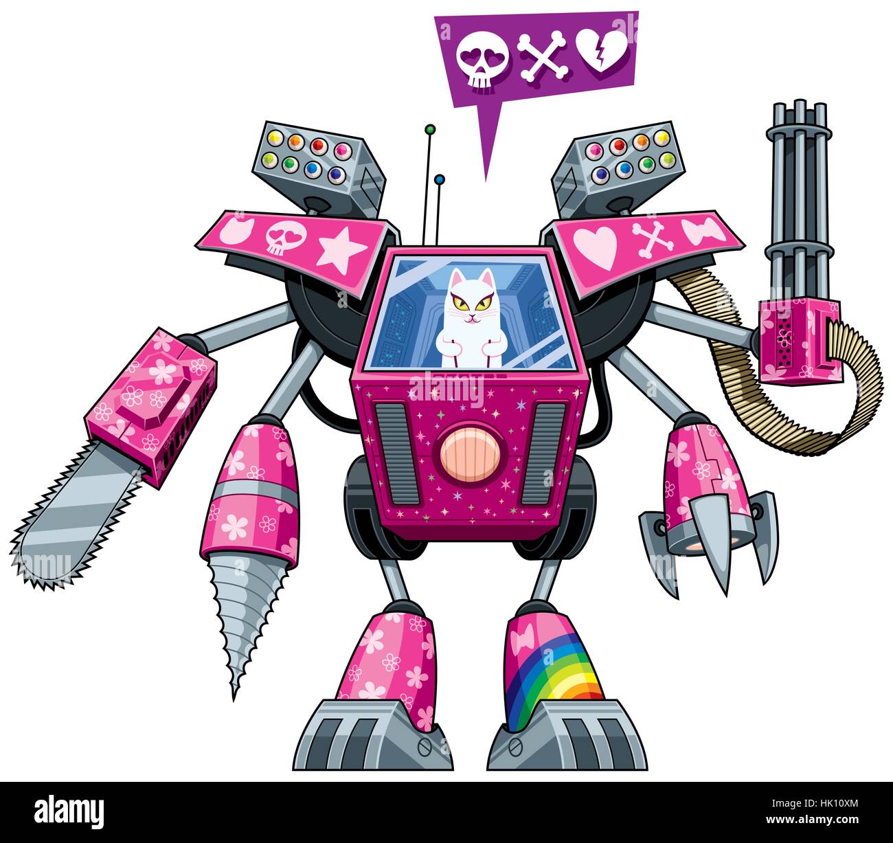 White pussycat operating pink robot in full battle gear. Stock Vector