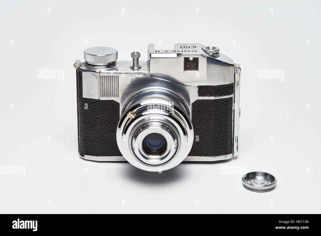 The Comet II was produced circa 1951 in Milano, Italy. It has a cast aluminum body with telescoping front lens. The shutter only fires when the lens i Stock Photo
