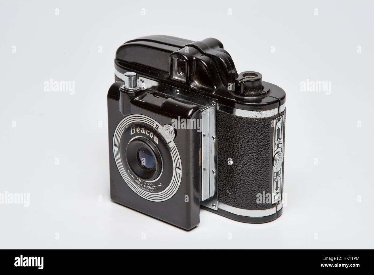 Beacon analog film camera made by Whitehouse Products in Brooklyn, New York. Plastic rollfilm camera for 3x4cm on 127 film. Plastic lens, simple sprin Stock Photo