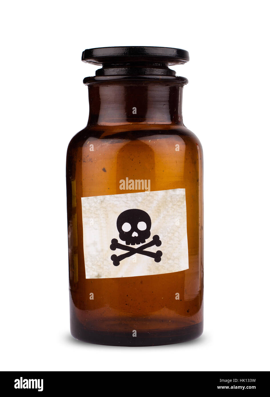 front view of brown medical glassware with glass cap and the poison label sign isolated on white background Stock Photo