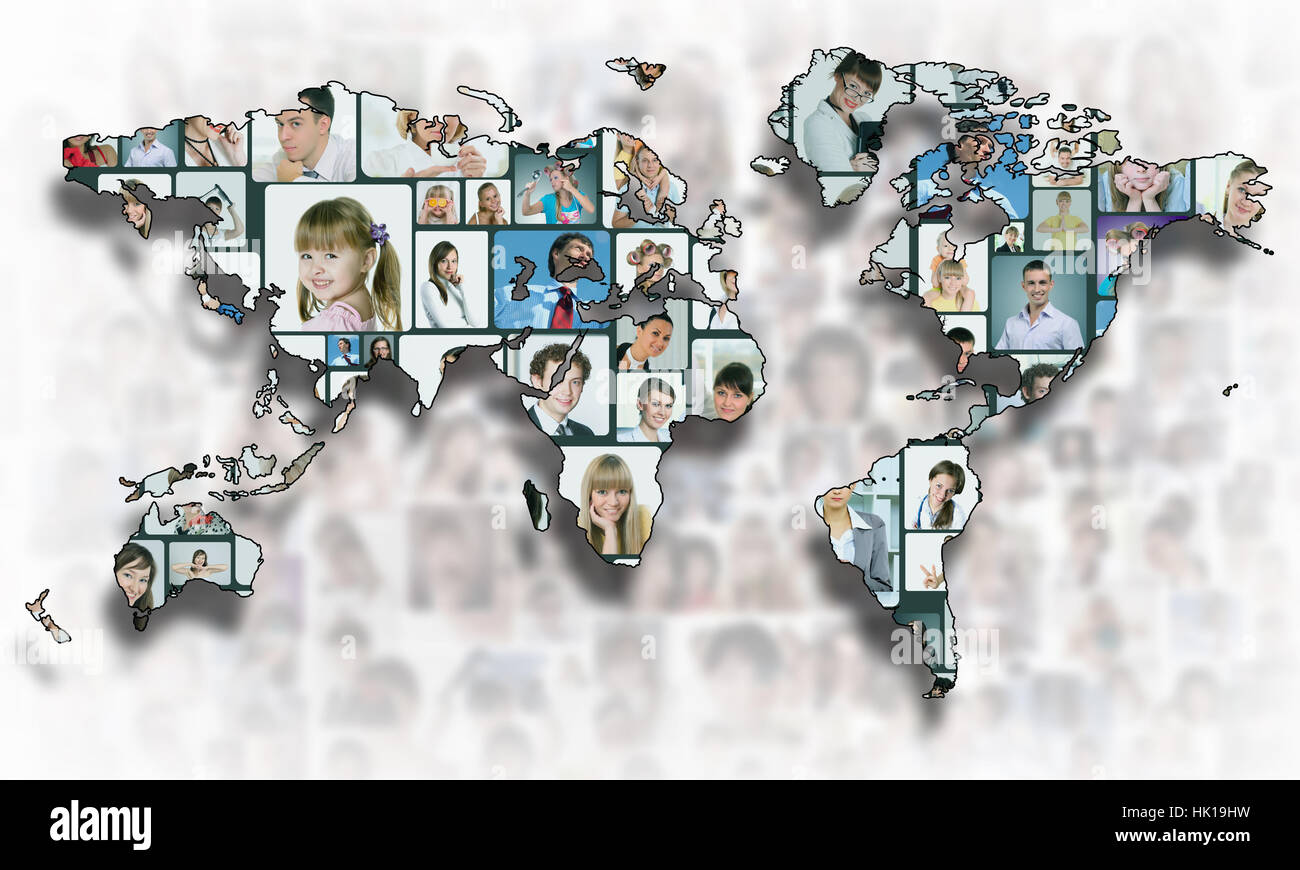 World map background with people portraits on it Stock Photo - Alamy