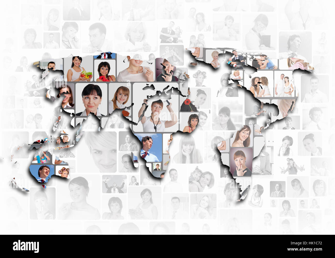 World map background with people portraits on it Stock Photo - Alamy