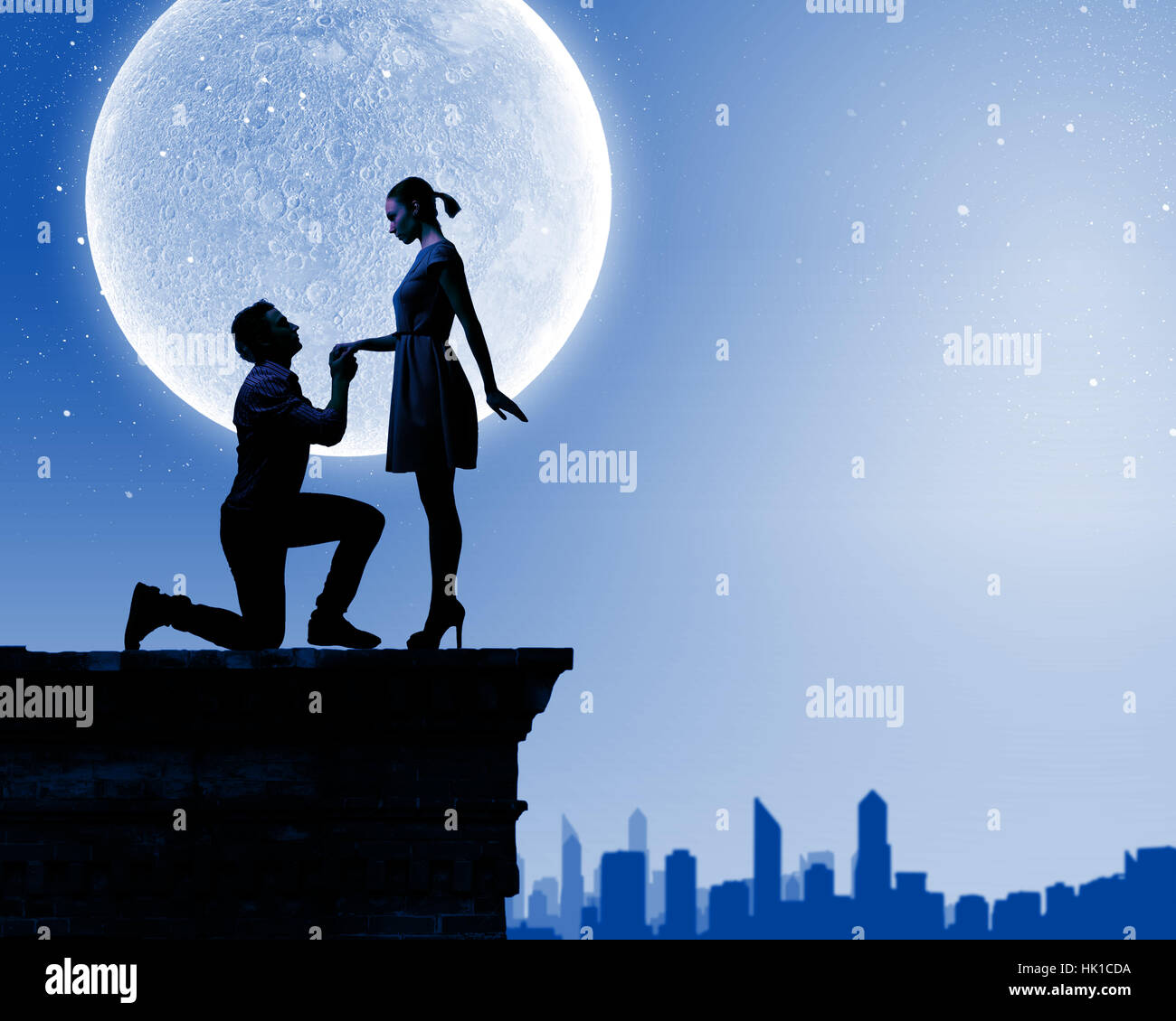 Silhouettes of romantic couple under the moon light Stock Photo - Alamy