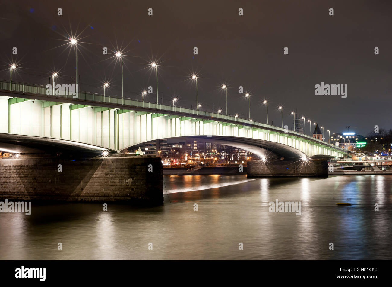 cologne, bridge, rhine, night, nighttime, lights, transition, line of
