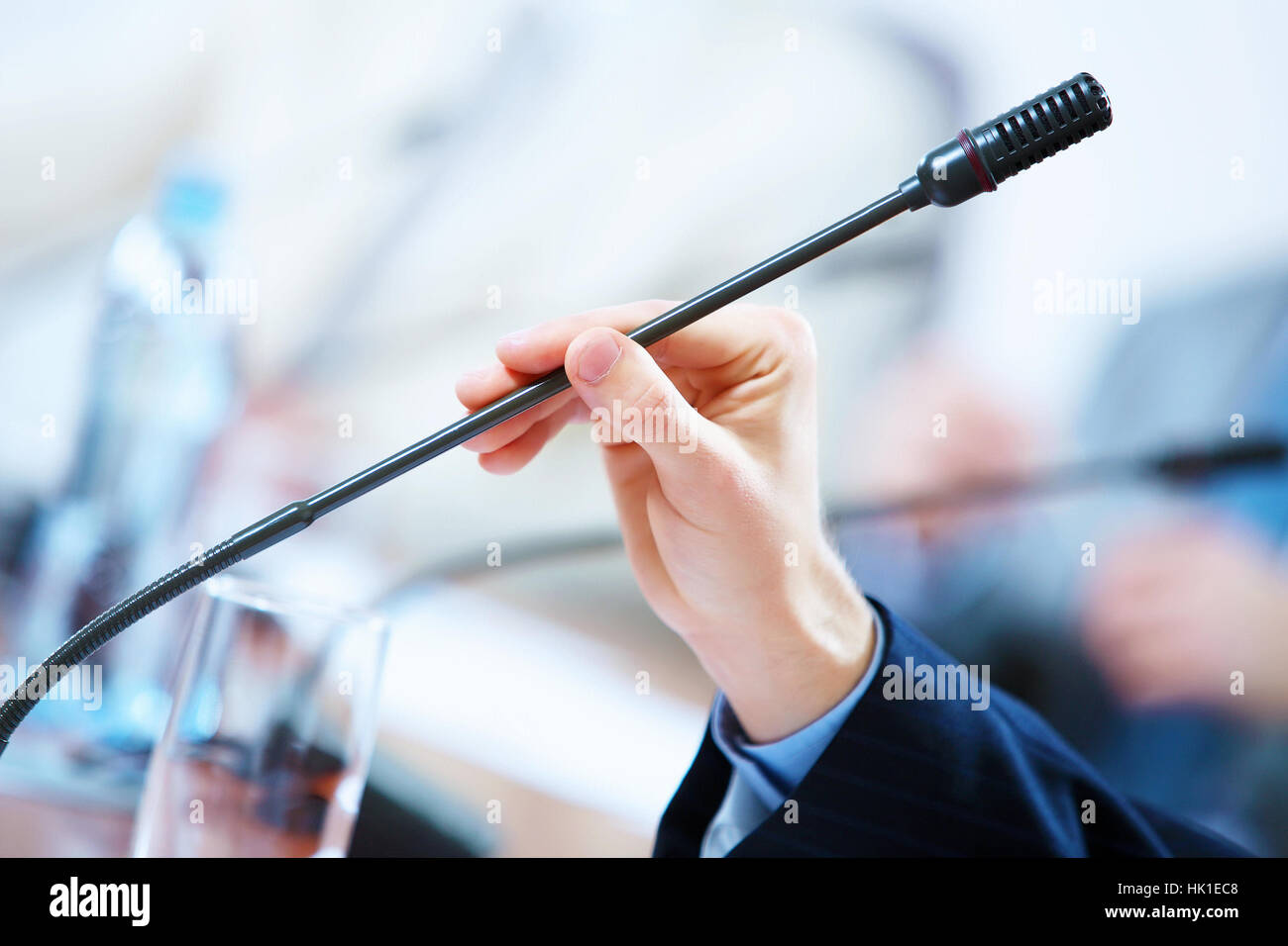 before a conference, the microphones in front of empty chairs Stock ...